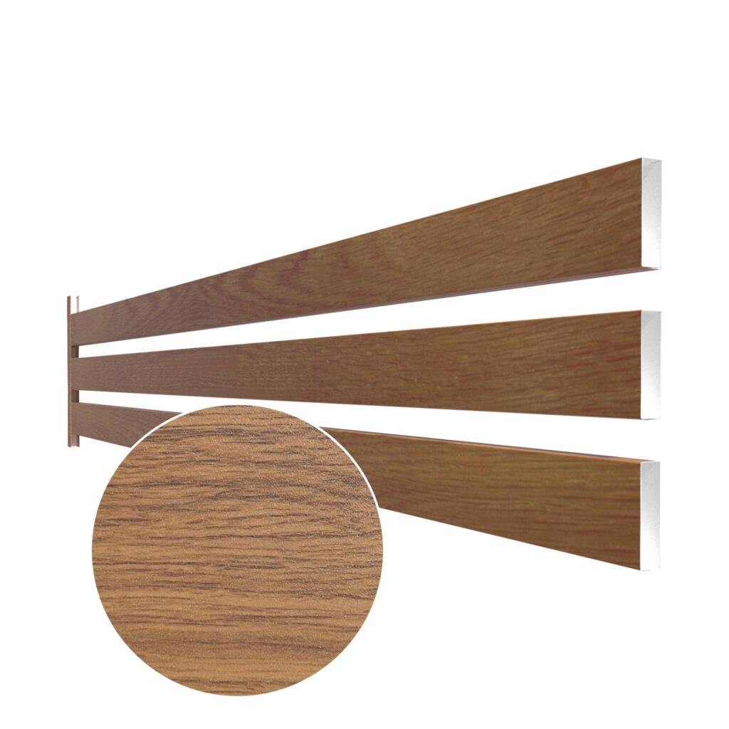 Element rectangular pentru gard, RUFSTER, dimensiune 80x20 mm, grosime 0,50 mm, finisaj texturat, culoare stejar auriu