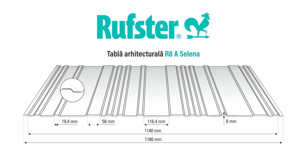 Tablă arhitecturală RUFSTER R8A SELENA Eco – 0,45 mm – Negru RAL 9005 – Poliester lucios