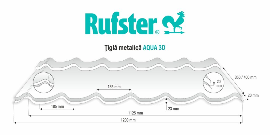 Țiglă metalică RUFSTER AQUA 3D Premium – 0,50 mm – Maro-grafit RAL 8019 – Poliester mat structurat (MS)