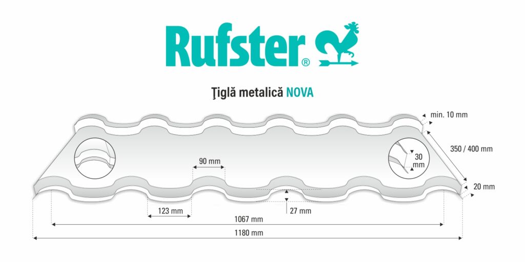 Țiglă metalică RUFSTER NOVA Eco – 0,45 mm – Alb RAL 9002 – Poliester lucios