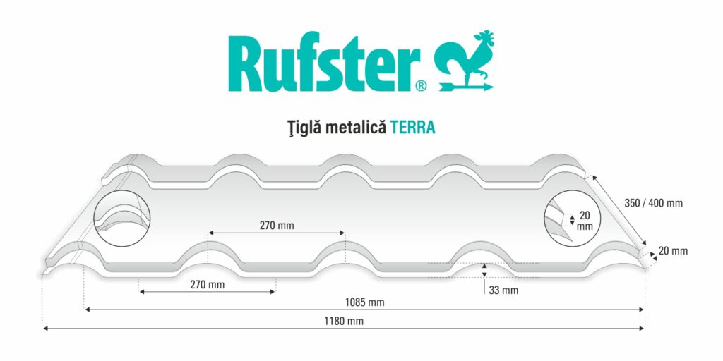 Țiglă metalică RUFSTER TERRA Eco – 0,45 mm – Gri-aluminiu RAL 9006 – Poliester lucios